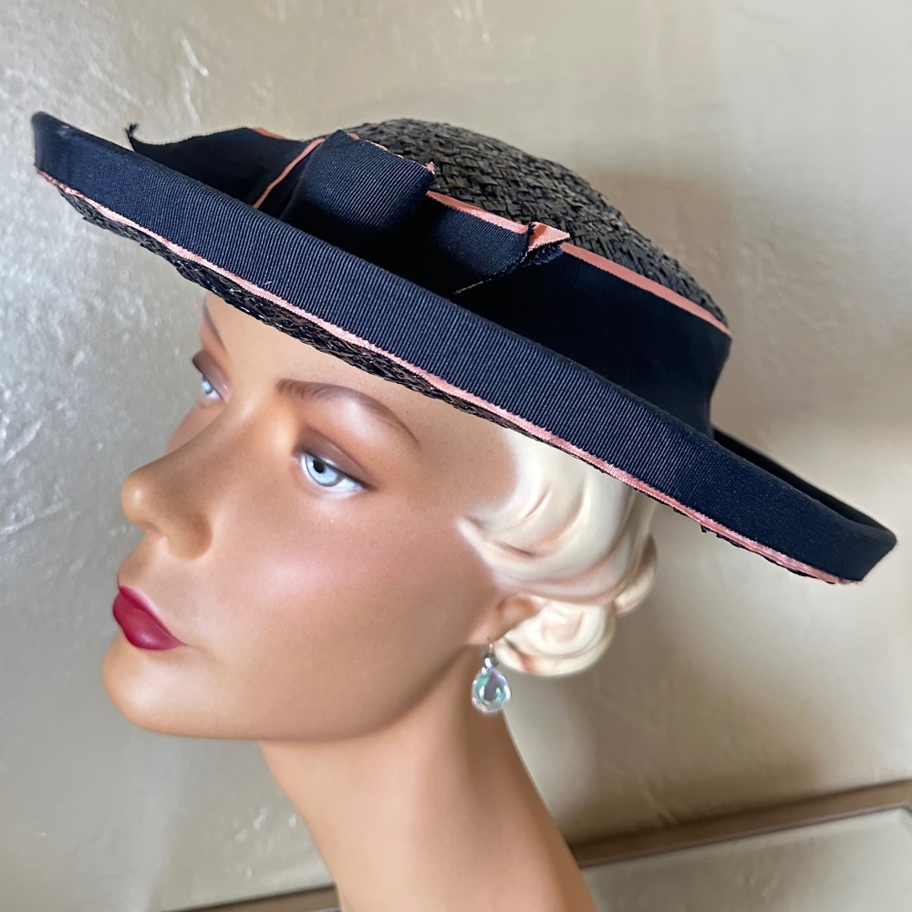LOVELY 1940's NAVY WIDE BRIM HAT + NAVY/PINK GROSGRAIN TRIM